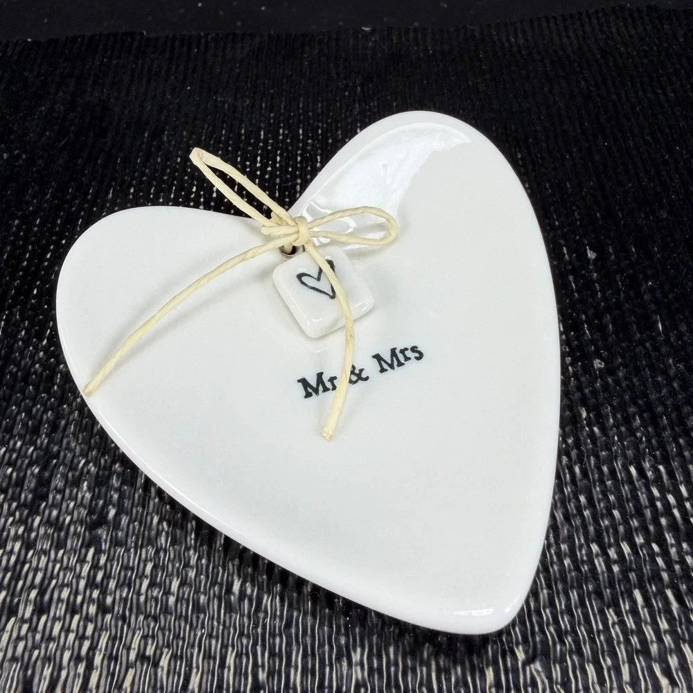 East of India Mr & Mrs Heart Trinket Dish White Ceramic Ring Tray Wedding Gift